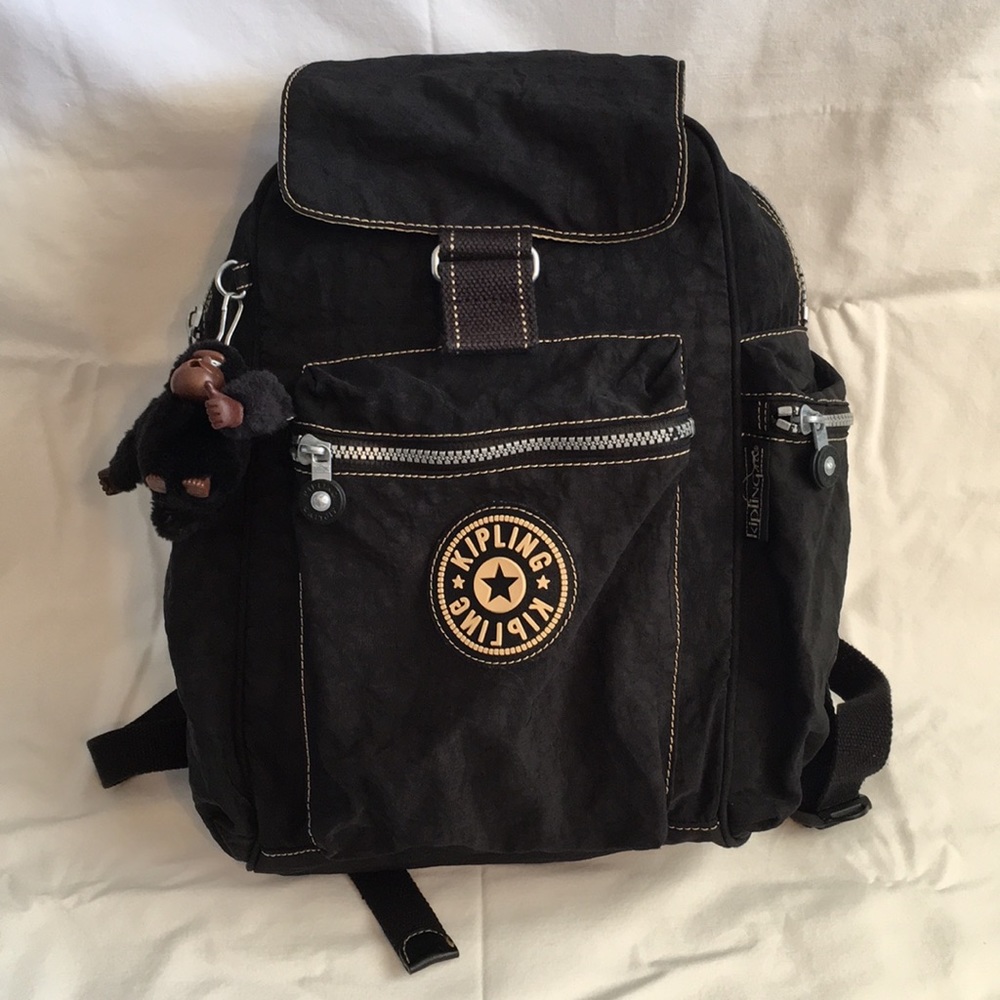 Vintage Kipling Black Nylon Backpack with Monkey
